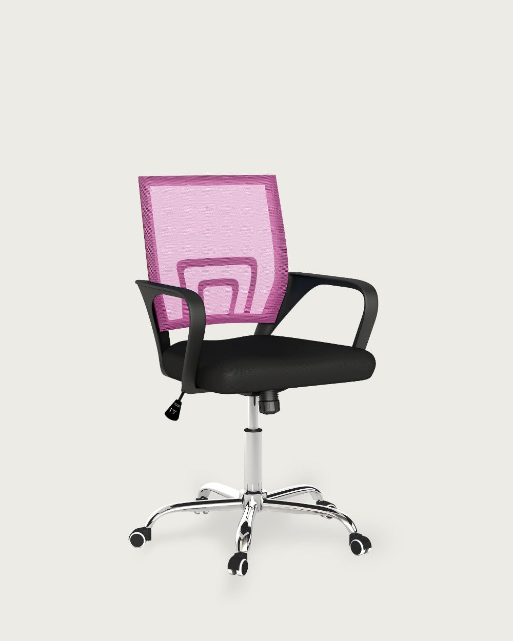 Silla de oficina Puçol de diseño contemporáneo - Tapizado Negro - Respaldo Rosa - Patas cromadas